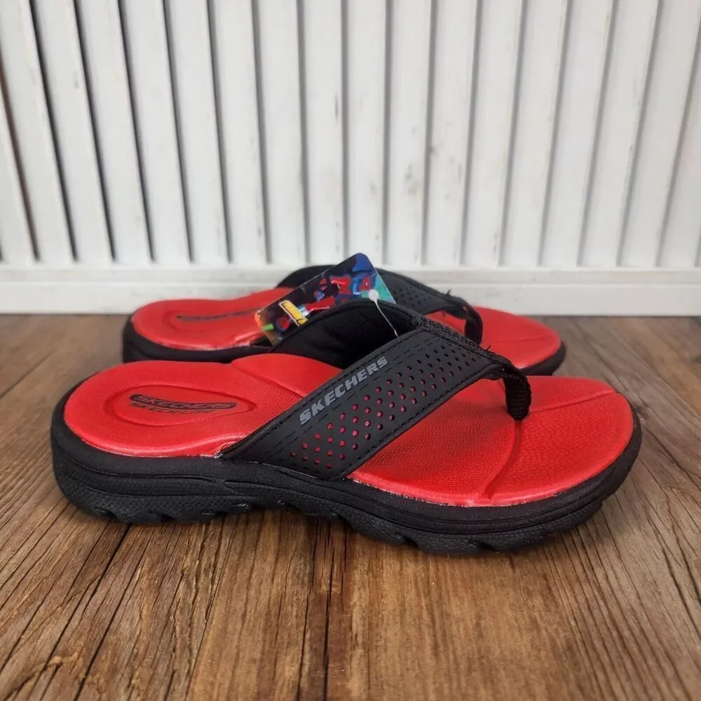 Skechers Supreme Pool Days 92224L Boys Size 11 Black Red Beach Flip Flop Sandals